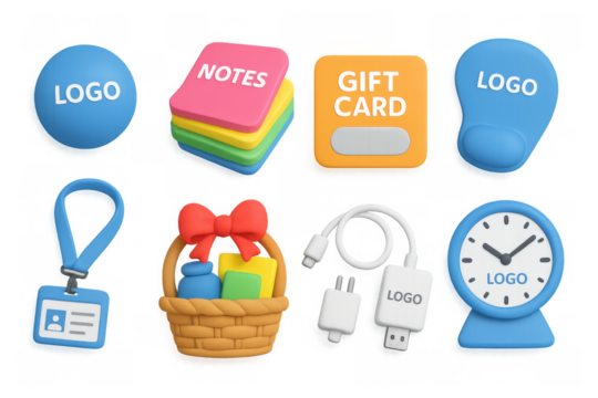 Colorful 3d office supplies and gift items on white background