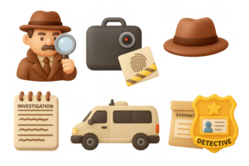 Detective tools collection: magnifying glass, evidence, and more in 3d style