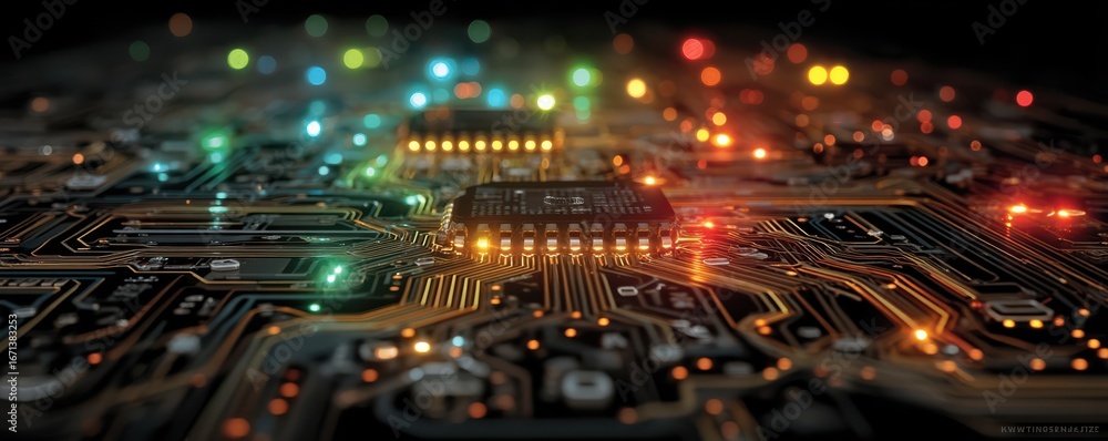 Poster close view of illuminated circuit board with microprocessor and colorful lights