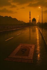 Rain-washed road reflecting streetlights near Madinah