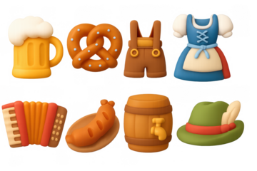 3d oktoberfest icons: beer, pretzel, lederhosen, dirndl, instruments, sausage, barrel, alpine hat
