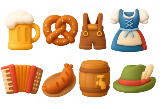 3d oktoberfest icons: beer, pretzel, lederhosen, dirndl, instruments, sausage, barrel, alpine hat - Powered by Adobe