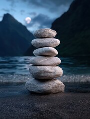 Fototapeta premium Zen stones stacked on beach at night.