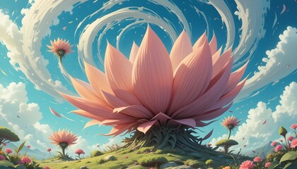 	Abstract Pink Water Lily: A Large, Vibrant Pink Lotus Flower Floating on Water with Ripples and an Abstract Swirling Pattern in the Surface.