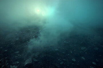 Fototapeta premium Dark rocky ground shrouded in ethereal blue green mist with glowing sun stone texture