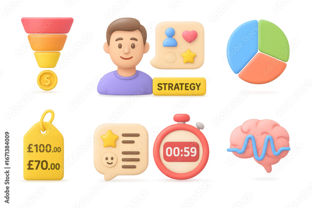 Aufkleber Marketing strategy icons in 3d style featuring graphs and analytics elements