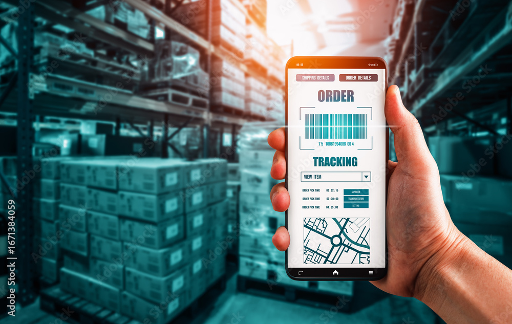 Aufkleber warehouse management innovative software in computer for real time monitoring of goods package deliv