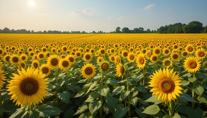 Vast Golden Sunflower Field: Bright Summer Landscape of a Field of Tall Sunflowers Under a Clear Blue Sky, Symbolizing Warmth and Happiness.