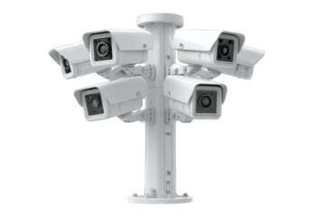 Multiple security cameras mounted on a central pole