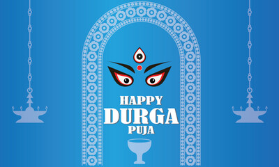 Happy Durga Puja greeting with goddess eyes. Blue festive background featuring goddess Durga eyes, traditional arch design, hanging lamps, and greeting text . Template Design with Goddess Durga .