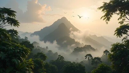 Misty Mountain River Cascade: Ethereal Landscape of a River Flowing Through Rocky, Misty Mountains with a Small Cascade and Turquoise Pools.