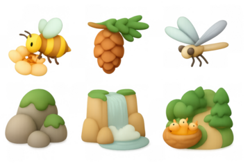 Cute 3d forest creatures and scenery with bees and waterfall
