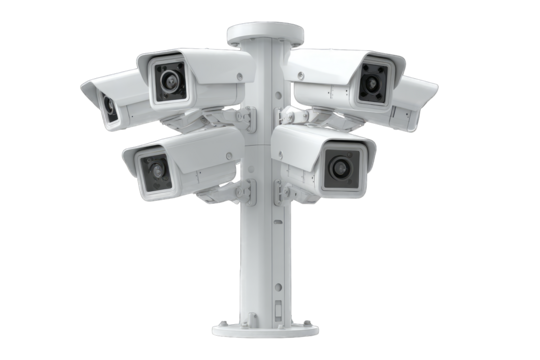 Multiple security cameras mounted on a central pole