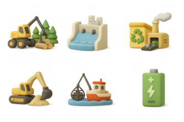 Eco-friendly isometric construction and industry icon set with renewable energy symbols