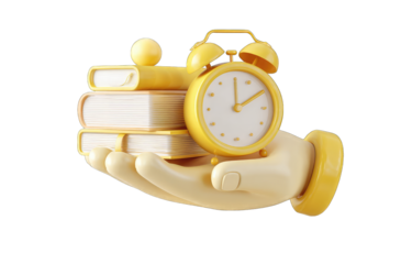 Hand holding books and an alarm clock