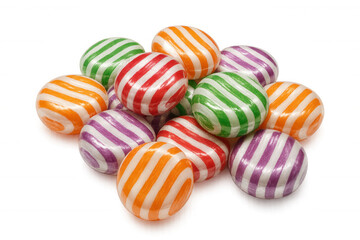Colorful round striped hard candies clustered together, showcasing vibrant confectionery design against transparent background