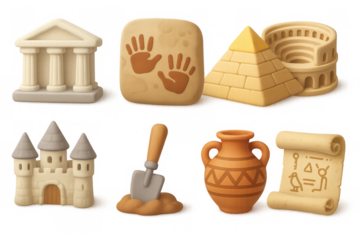 Ancient world icons: pyramids, colosseum, and historical artifacts collection