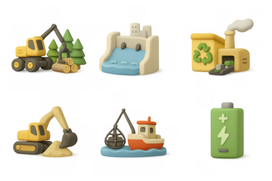 Eco-friendly isometric construction and industry icon set with renewable energy symbols