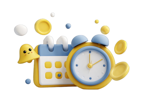 Cute, cartoonish calendar and alarm clock with coins