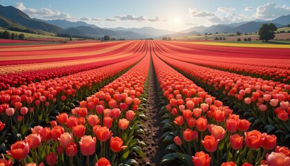 Vibrant Red Tulip Fields: Stunning Sunset Landscape of Endless Rows of Blooming Tulips Leading to Distant Mountains Under a Warm, Colorful Sky.