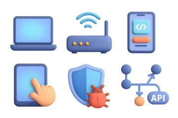 Modern tech icons: gadgets, connectivity, and cybersecurity in 3d