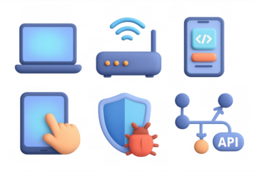 Modern tech icons: gadgets, connectivity, and cybersecurity in 3d