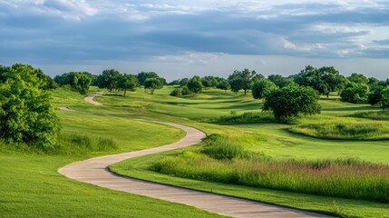 Obraz premium Serene Golf Course Landscape with Winding Pathway Surrounded by Lush Greenery and Blue Sky