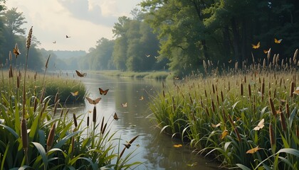 Ethereal Morning River: Soft, Misty Landscape of a Still River Surrounded by Greenery and Tall Grasses, with Butterflies and Insects Fluttering in the Air.