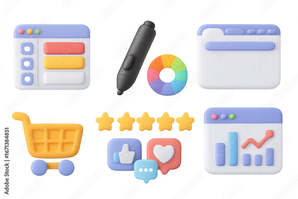 Poster colorful 3d user interface elements and icons for web design