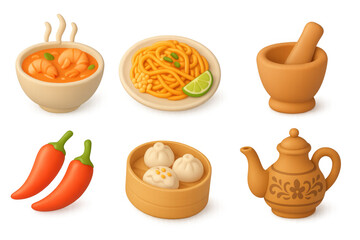 Traditional asian cuisine dishes and utensils in a 3d artistic style