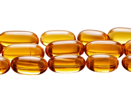 Single Row of Vitamin Oil Capsules in Line, isolated on transparent background PNG