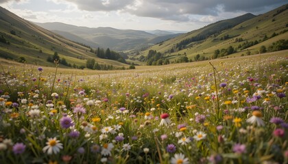 Fototapeta premium : Rolling Green Hills with a Field of Wildflowers