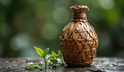 Close-up botol arak Bali dengan detail anyaman daun kelapa yang kering, simpul-simpul tradisional terlihat jelas, ditempatkan di atas batu alam dengan embun pagi, ultra fokus dan tekstur tinggi
