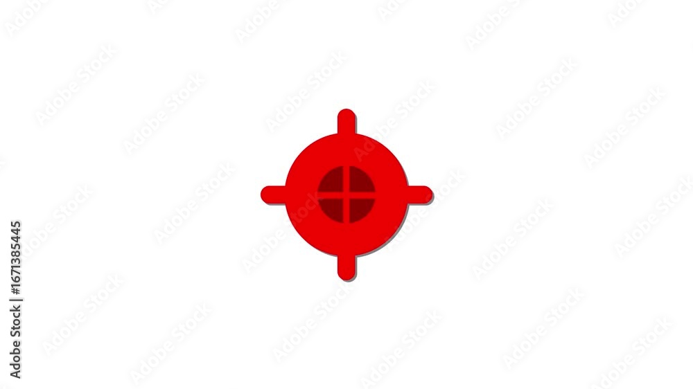 Poster abstract red circular symbol with four rounded protrusions and a dark red cross inside on a white ba