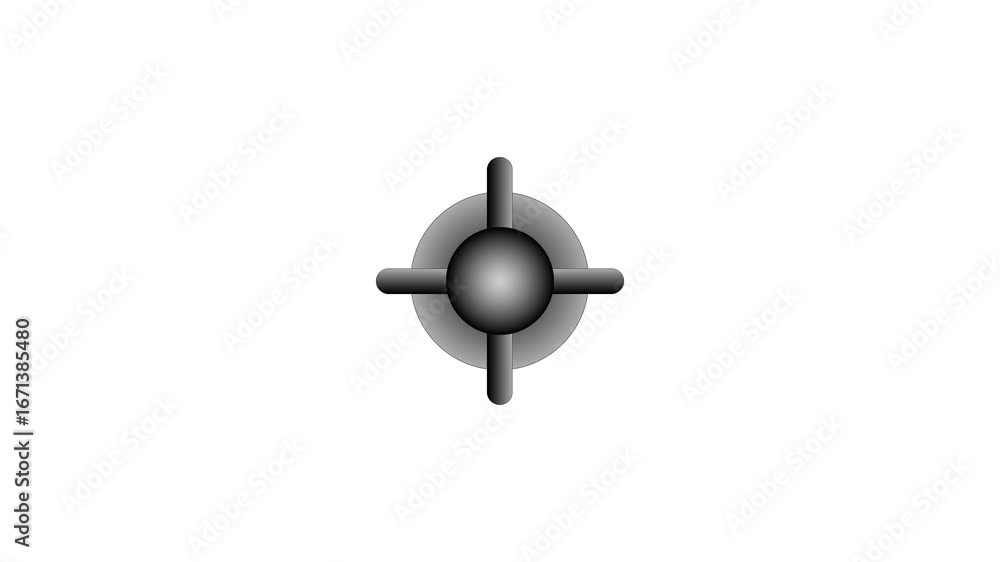 Poster top down view of a stylized metallic sphere with four rounded arms extending outwards on a white bac