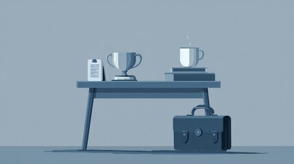 Happy Bosss Day card minimalist office desk award coffee mug and briefcase blue and gray corporate tones no people