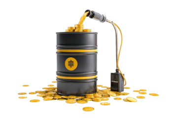 Gold coins pour from a nozzle into a black barrel