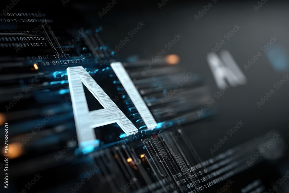 Poster digital rendering of blue ai text surrounded by technological elements