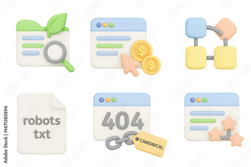 Poster seo and web development icons set in modern 3d design