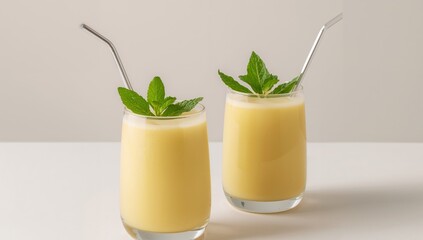 Two glasses of refreshing mango smoothie with mint and metal straws, close up.