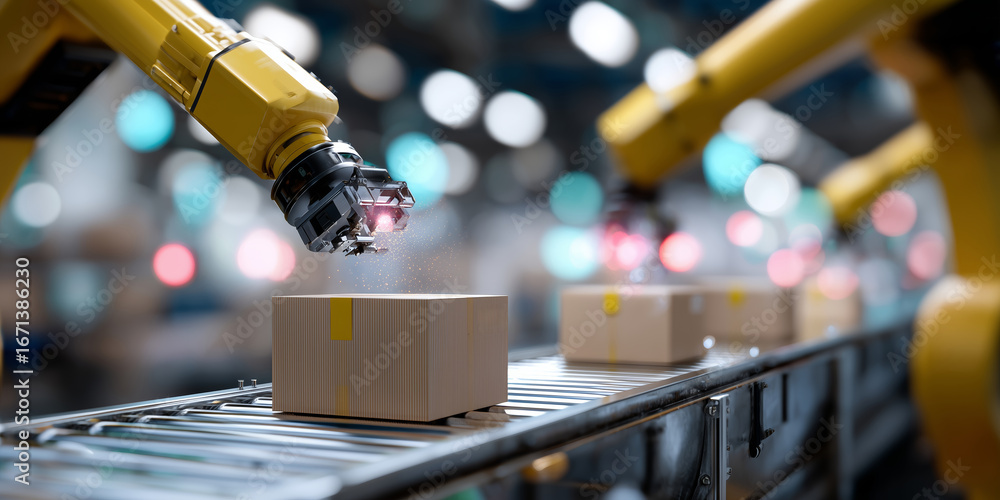 Aufkleber automation in action with robotic arms handling packages on a conveyor belt in a modern factory duri