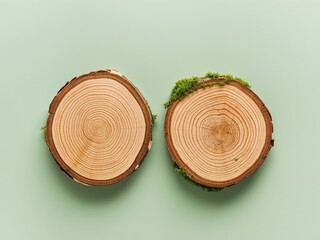 Two Tree Rings with Moss on Green Background, Revealing Growth and Natural Details.