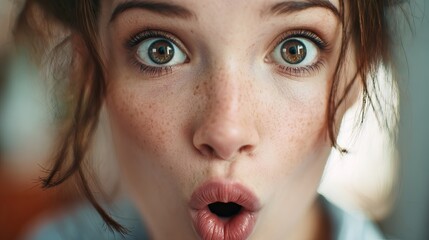 Surprised young woman with brown eyes and freckles, expressing amazement in her expression.