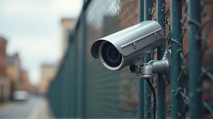 outdoor security camera on urban fence surveillance system