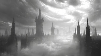 A gothic city shrouded in a misty haze.