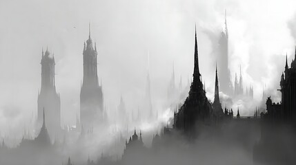 Misty gothic cityscape silhouetted against a hazy sky.