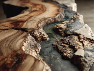 Close-up of a wooden slab with epoxy resin inlay
