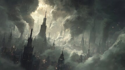 A city shrouded in a thick, atmospheric haze.