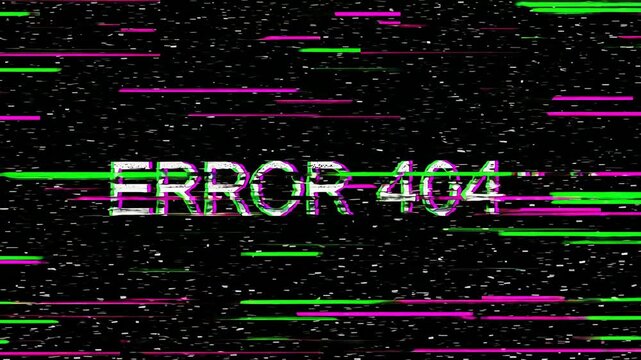 Retro screen error animation showing a glitching Error 404 message with static noise and colorful lines on a dark background perfect for tech related projects.