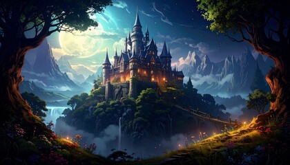 A Majestic Castle Amidst a Fantasy Landscape with Mountains and a Glowing Moon